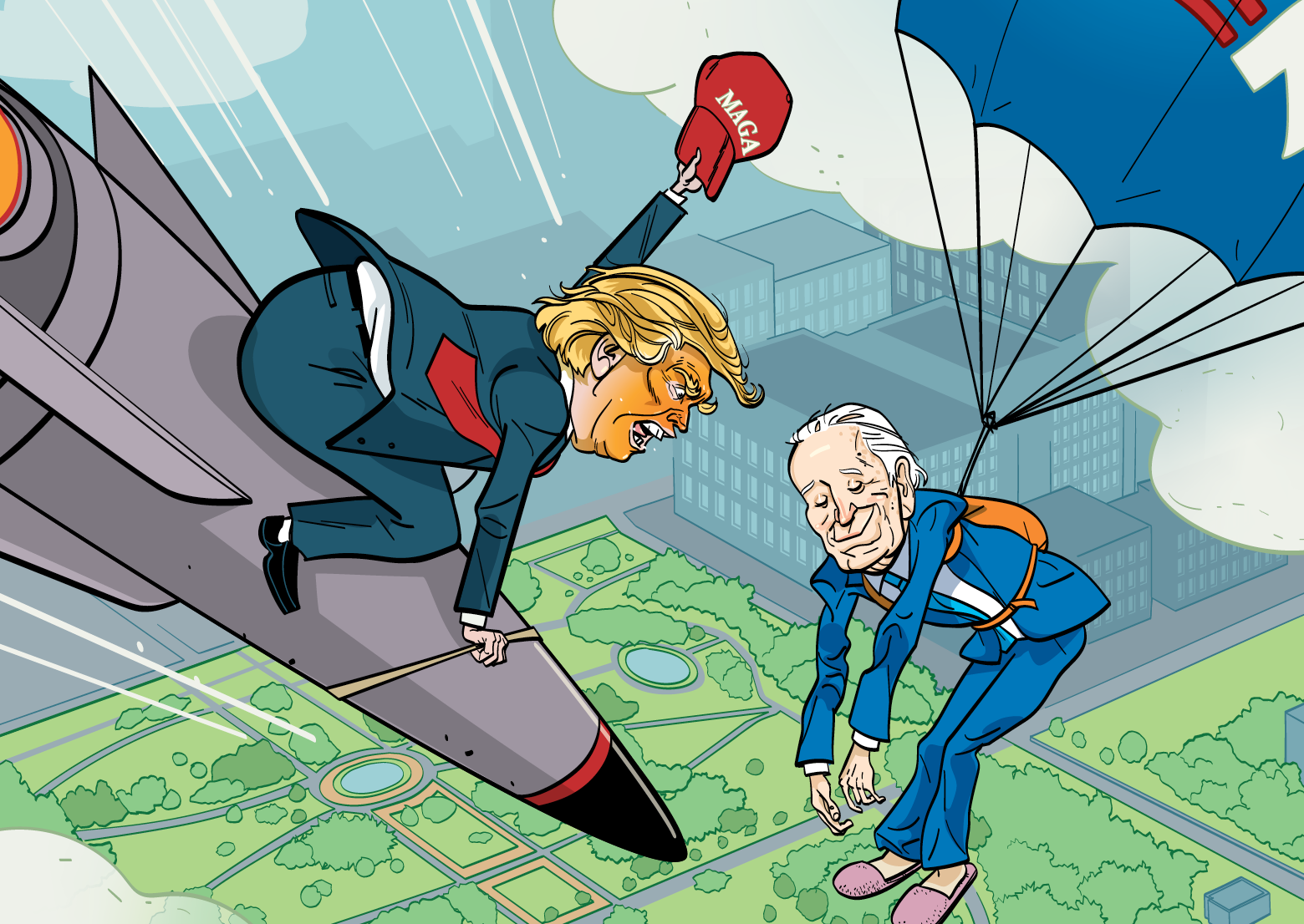Cartoon of Trump and Biden in free fall