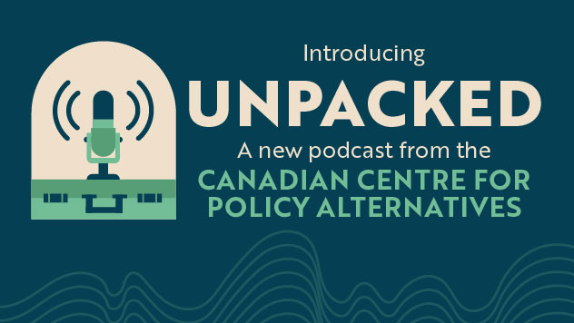 A microphone sitting on a briefcase with the words "Introducing Unpacked. A new podcast from the Canadian Centre for Policy Alternatives"