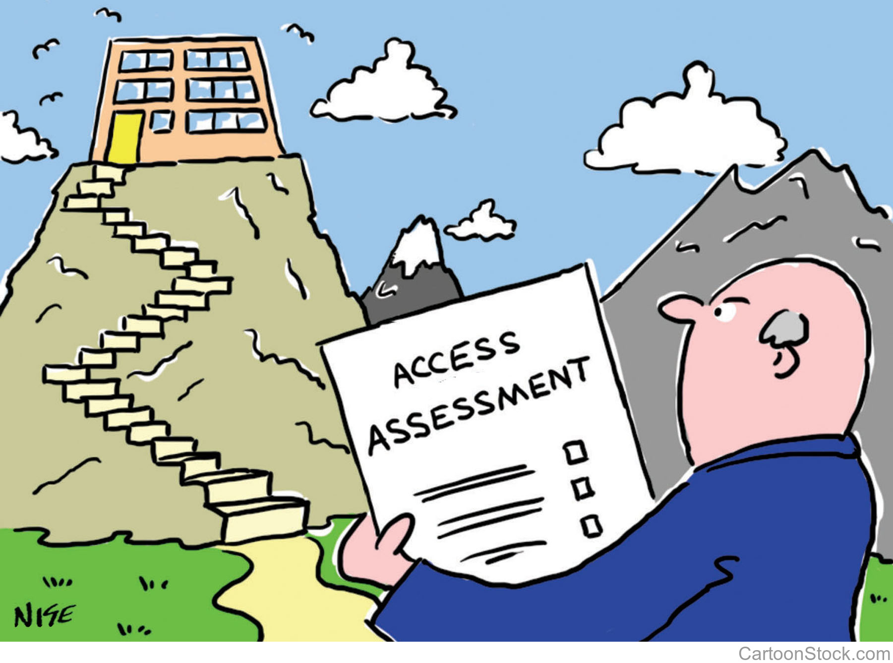 Cartoon of man surveying designs for an accessible building built at the top of a mountain.