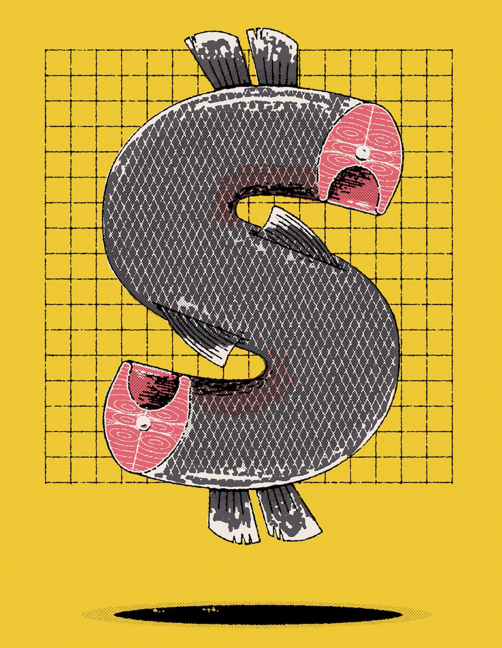 Illustration of salmon shaped like dollar sign