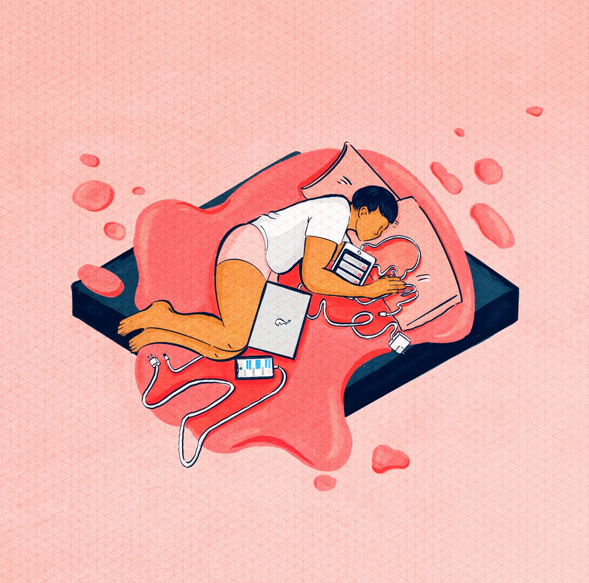 Illustration of a person in bed with all their electronic devicies
