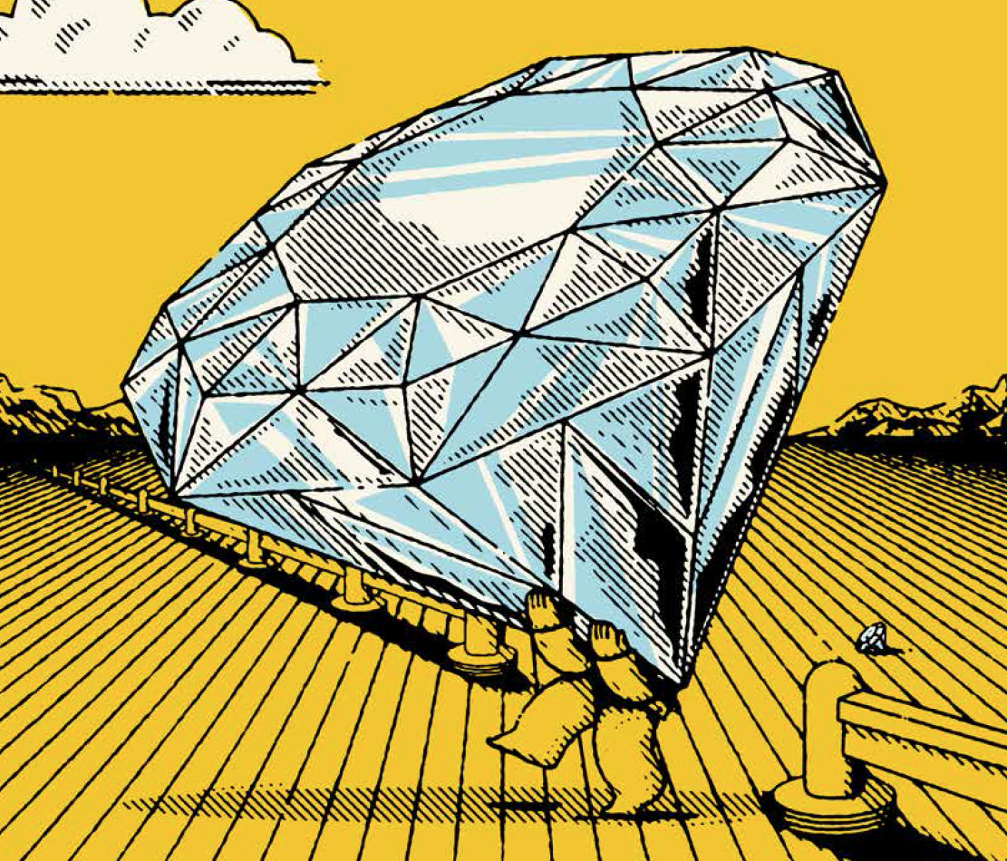 Illustration of man carrying diamond across a border
