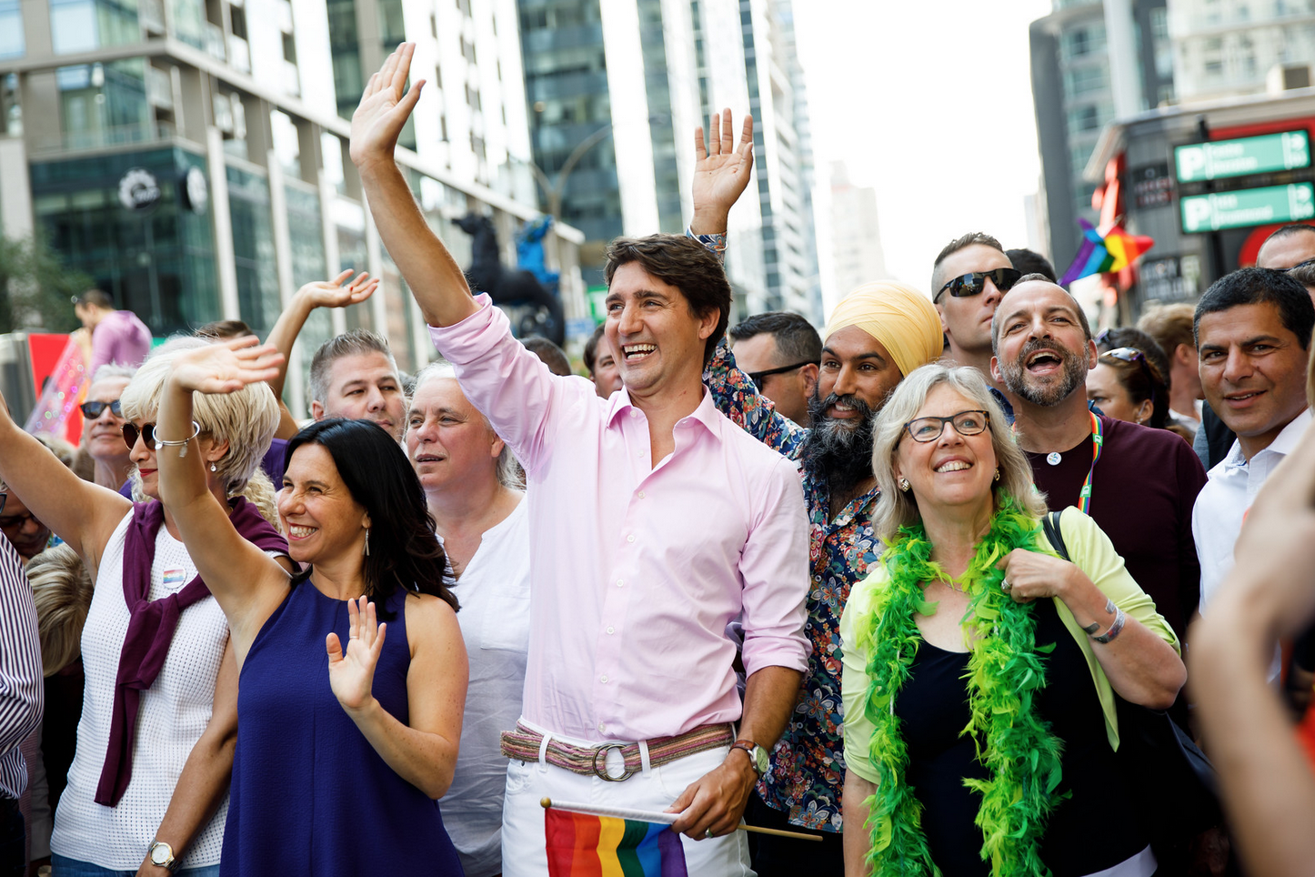 Trudeau, Singh and May wave at Pride parade