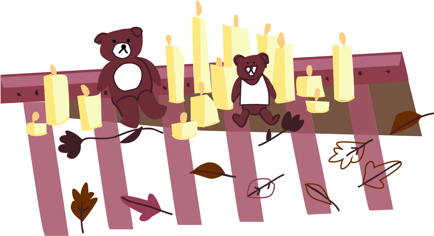 Illustration of teddy bears and candles on train tracks.