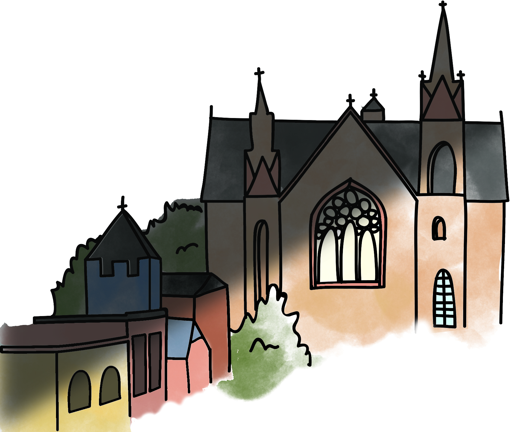 Illustration of a church within a small town.