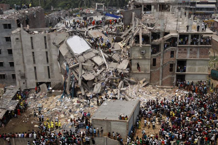 The collapsed Rana Plaza in Savar, a district of the Greater Dhaka Area of Bangladesh, in April 2013. (Source: Wikipedia)