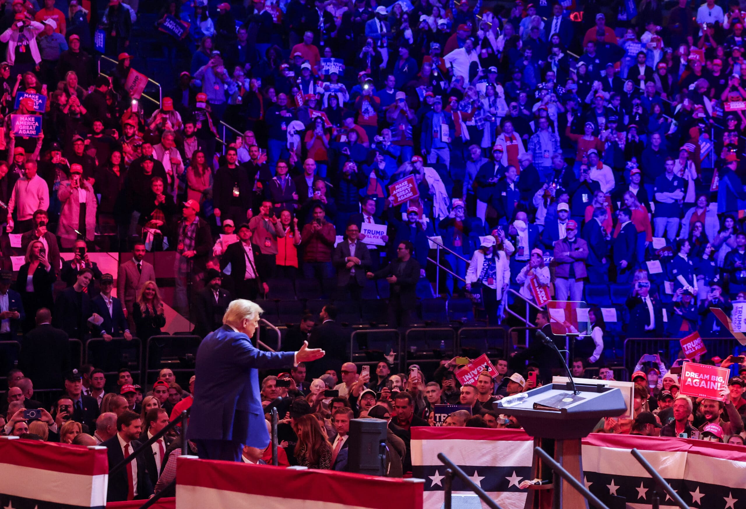 Republican presidential nominee and former U.S. President Donald Trump gestures on stage during a campaign rally at Madison Square Garden, in New York, U.S., October 27, 2024. REUTERS/Brendan McDermid - RC2DTAALQEHW