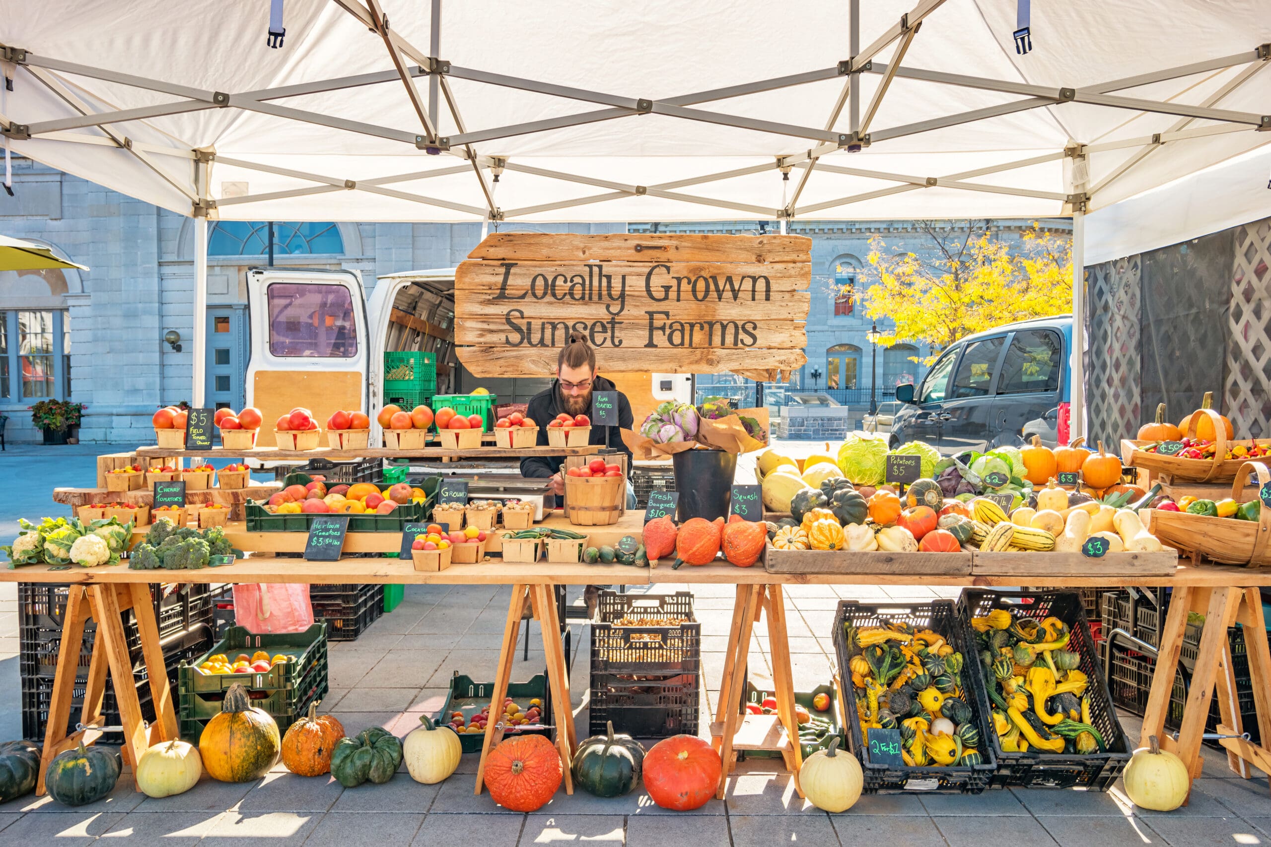 Vendor sits at a vegetable stand at an open air farmers market in downtown Kingston Ontario Canada on a sunny day.