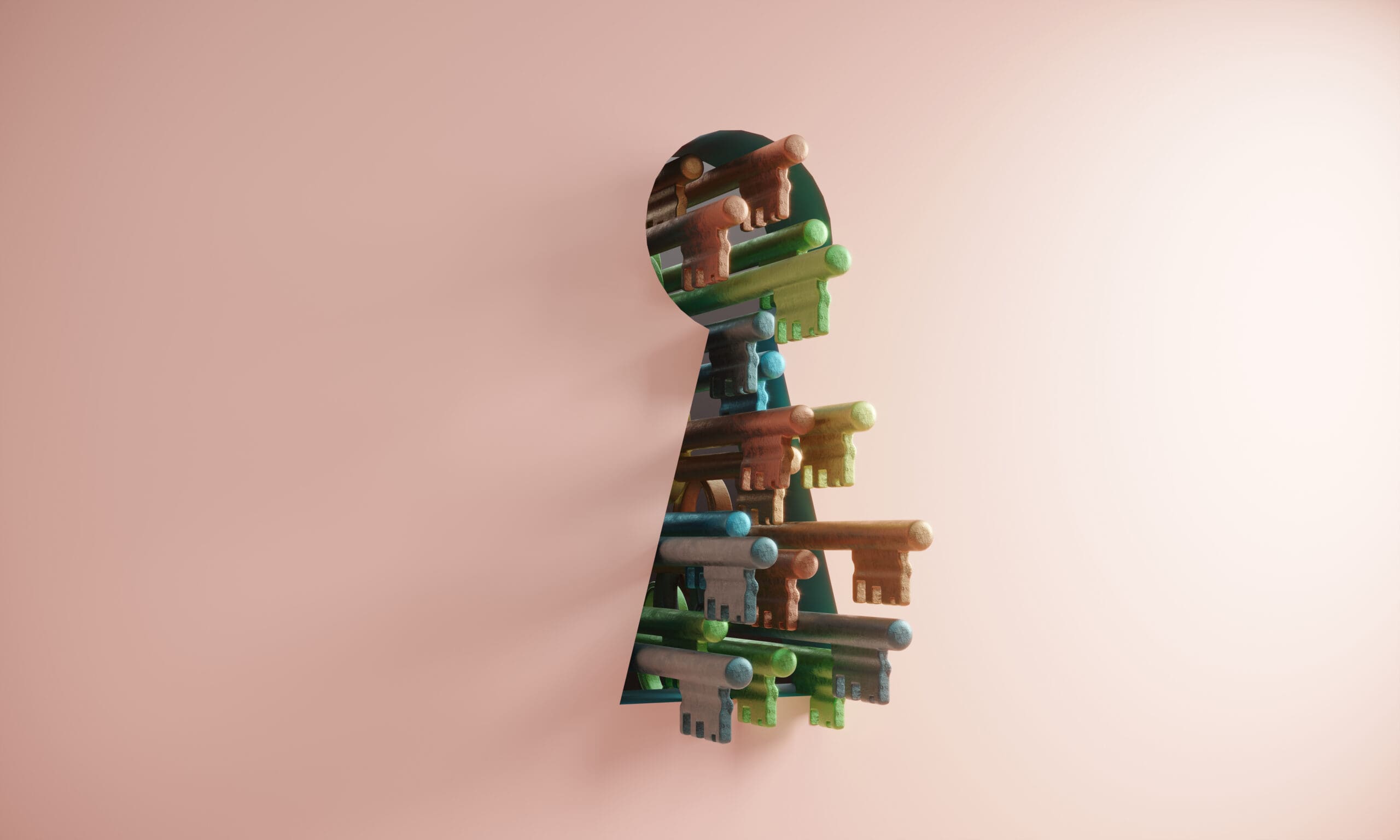 Giant keyhole with variety of multi colored keys. (3d render)