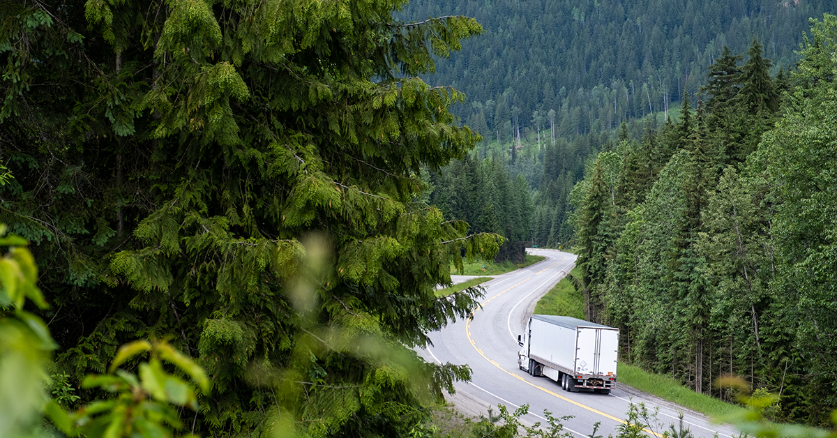 Transport truck driving through road with lots of trees